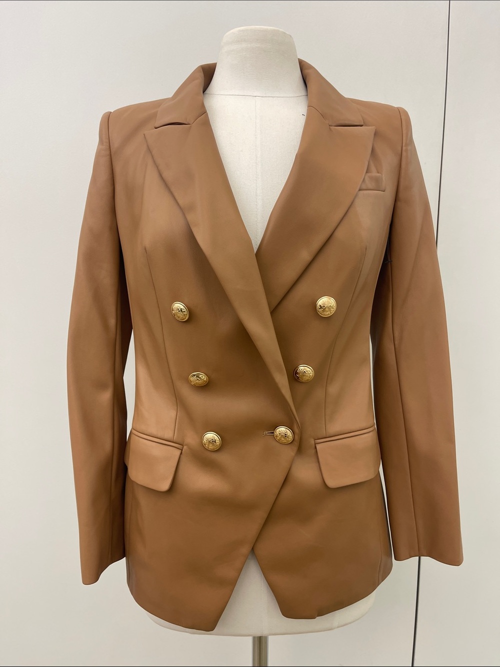 Express Double-Breasted Blazer Jacket in Camel Brown with Gold Buttons